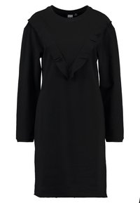 Svart långärmad klänning i mjukt tyg, med en V-ringning och volangdetaljer längs kanterna. Enkel och rak design.