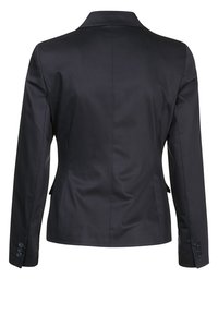 Zwarte formele blazer met lange mouwen en met knopen gesloten manchetten, gezien van achteren, met een getailleerde pasvorm en rechte kraag.