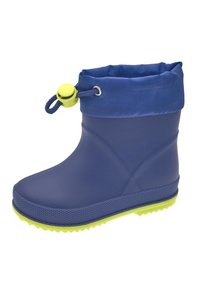 Botte en caoutchouc étanche navy avec une semelle texturée, un accent vert et un haut resserré maintenu par un cordon de serrage jaune.