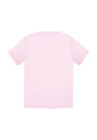 Koszulka krótki rękaw w jasnoróżowym materiale. Posiada prostą okrągłą szyję i gładką teksturę. Brak widocznych wzorów lub akcentów. Przedstawiony widok z tyłu.