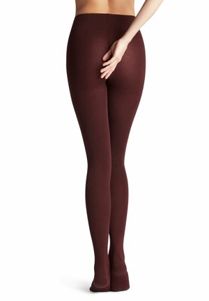 Collant bordeaux con una texture liscia e opaca e un alto punto vita, che si adattano bene alle gambe e arrivano fino alle caviglie.