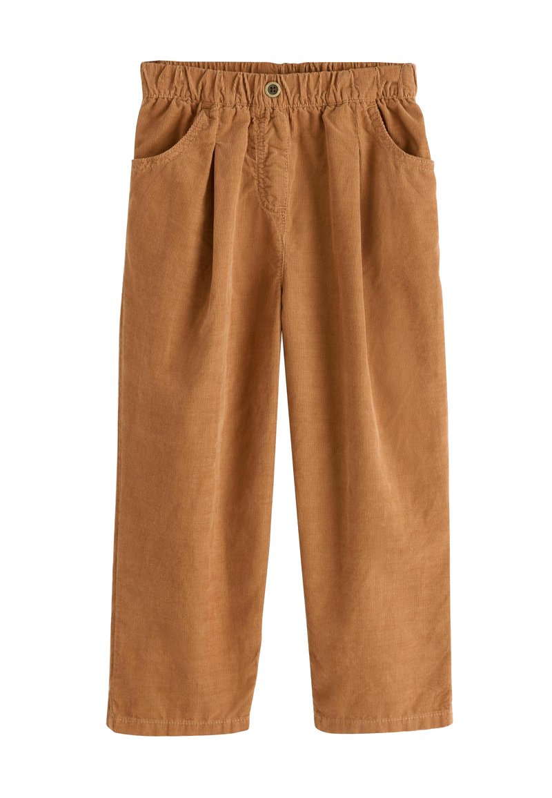 Pantaloni a gamba larga in velluto a coste marrone con vita elastica, due tasche laterali e pieghe sottili davanti per una texture aggiuntiva.