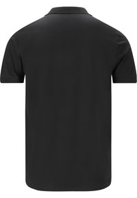 Sort polo-shirt med klassisk krave, kortærmede og en glat, ensartet tekstur uden synlige mønstre eller detaljer.