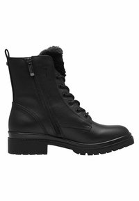 Botas negras de cuero hasta el tobillo con cordones en la parte delantera y cremallera lateral, con un forro de piel sintética en el cuello y una suela gruesa con agarre.