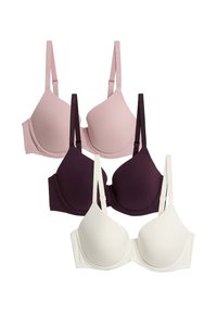 Set di quattro reggiseni in rosa chiaro, viola intenso e avorio. Tessuto liscio, design con ferretto, spalline regolabili e coppe senza cuciture.