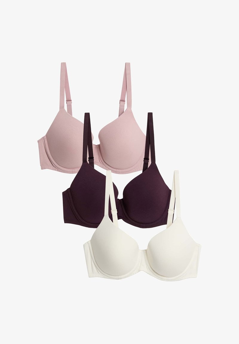 Set di quattro reggiseni in rosa chiaro, viola intenso e avorio. Tessuto liscio, design con ferretto, spalline regolabili e coppe senza cuciture.