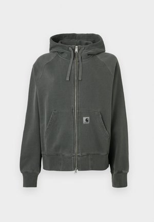 Sivá mikina na zips vyrobená z mäkkej tkaniny, s kapucňou, prednými vreckami a rebrovanými manžetami a lemom. Logo Carhartt na ľavom vrecku.