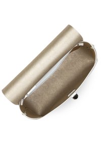 Clutch bag in oro texturizzato con interno liscio, chiusura a zip e accenti bianchi. Caratterizzata da una forma strutturata e design minimalista.