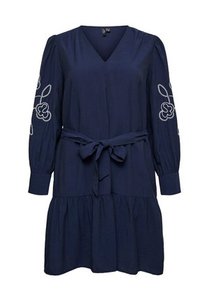 Μακρυμάνικο φόρεμα σε ναυτικό μπλε με V-λαιμόκοψη, κεντήματα λουλουδιών στα μανίκια και δεμένη ζώνη στη μέση, με φουσκωτή φούντα στο τελείωμα της φούστας.