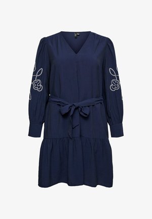Robe bleu marine à manches longues avec un col en V, broderies florales sur les manches, et une ceinture nouée à la taille, présentant un ourlet de jupe froncé.