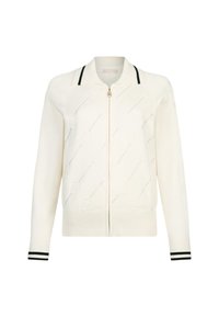 Cardigan bianco con zip e collo a coste, caratterizzato da un motivo a rose testurizzato e dettagli a strisce nere sui polsini. Materiale morbido a maglia.