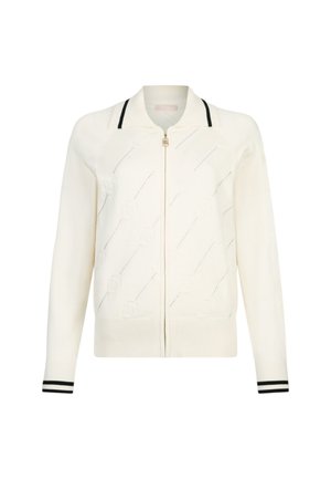 Cardigan bianco con zip e collo a coste, caratterizzato da un motivo a rose testurizzato e dettagli a strisce nere sui polsini. Materiale morbido a maglia.