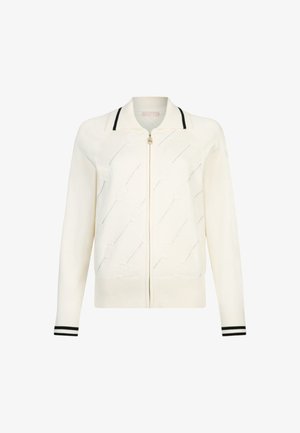 Cardigan bianco con zip e collo a coste, caratterizzato da un motivo a rose testurizzato e dettagli a strisce nere sui polsini. Materiale morbido a maglia.