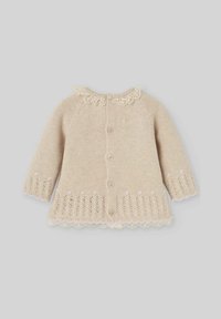 Cardigan beige a maglia con maniche lunghe, bordo in pizzo a festone, chiusura con bottoni e delicati motivi in pizzo vicino all'orlo.