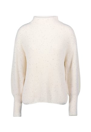 Cremefarbener Pullover mit hohem Kragen, geripptem Muster und puffigen Ärmeln. Besitzt ein dezentes gesprenkeltes Muster.