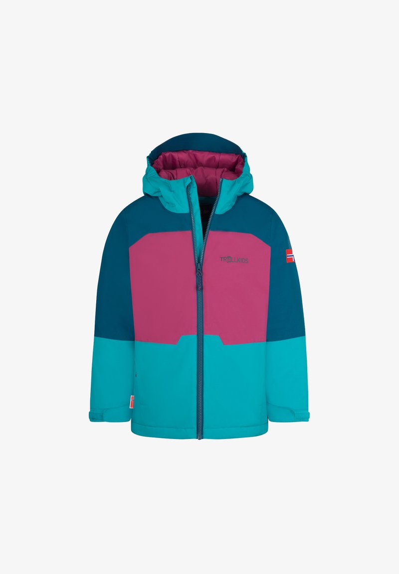 Bunte Kinderjacke in einer Mischung aus Türkis, Pink und Dunkelblau. Sie hat eine Kapuze und einen Frontreißverschluss. Logo auf der Brust und dem Ärmel.