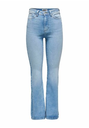 Gaiši zili izmantojamie džinsi, kas izgatavoti no denima, ar augstu jostasvietu, priekšējiem kabatām un maigiem nodiluma efektiem uz augšstilbiem.