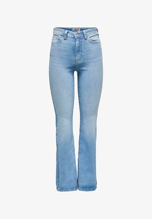 Vaqueros acampanados de un azul claro, hechos de denim, con una cintura alta, bolsillos frontales y un sutil desgastado en los muslos.