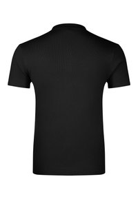 Black short-sleeve ribbed knit t-shirt shown from the back with a round neckline and fitted style.
