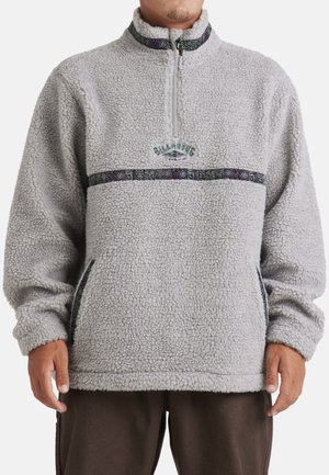 Pullover in felpa grigia chiara con collo alto, zip a metà, ricamo del marchio e dettagli a fantasia in nero, verde e viola. Presenta tasche laterali.