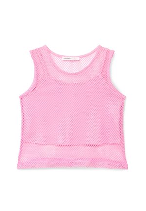 Top corto rosa senza maniche in rete con scollo rotondo e etichetta all'interno del colletto su sfondo bianco.