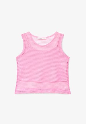 Top corto rosa senza maniche in rete con scollo rotondo e etichetta all'interno del colletto su sfondo bianco.