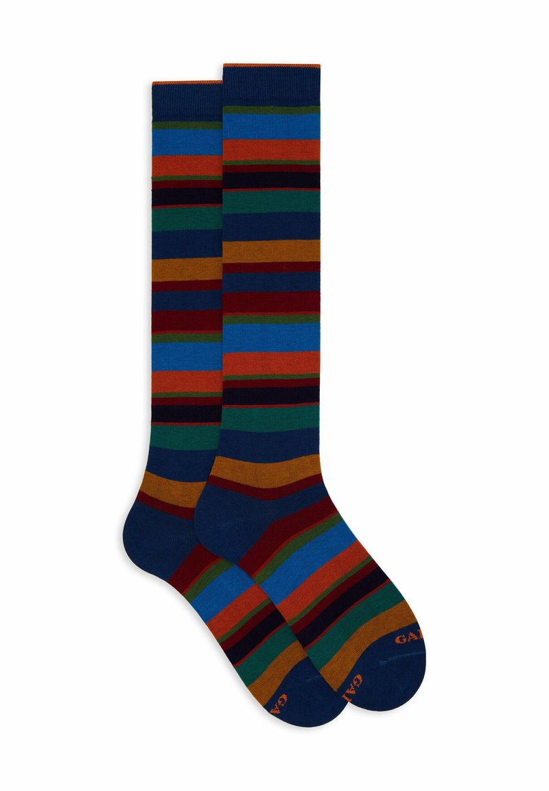 Calze fino al ginocchio con audaci strisce multicolori in blu, verde, arancione e bordeaux. Realizzate in un tessuto morbido e elasticizzato.