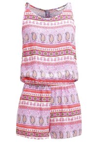 Bezrukávový overal ze světle fialové látky s paisley a květinovým vzorem v růžové, červené a zelené barvě. Elastický pas, šortkový design.