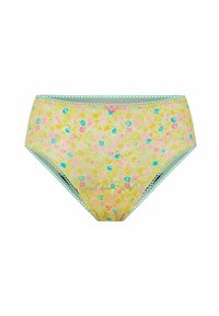 Culottes taille haute en dentelle florale jaune avec des fleurs roses et bleues, ornées de bords festonnés vert menthe et d'une accent rose à l'avant.