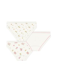 Τρία ζευγάρια λευκά βαμβακερά εσώρουχα με λουλουδένια σχέδια σε κίτρινο και ροζ, με λεπτές μέσης και αντίθετες ραφές.