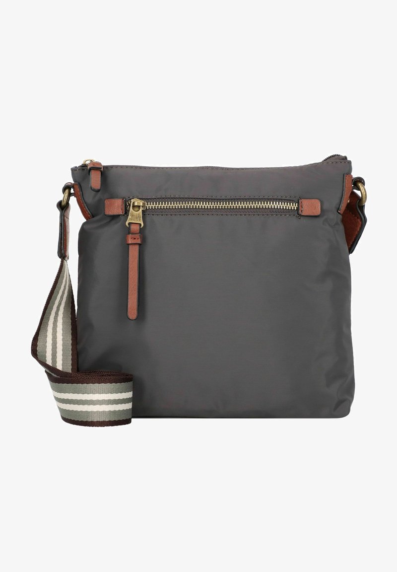 Grijze nylon schoudertas met een messing ritssluiting aan de bovenkant, bruine leren accenten en een gestreepte textielriem. Bevat een voorvak met rits.