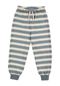 Pruhované joggingové kalhoty s elastickým pasem, stahovací šňůrkou a ribbovanými manžetami v horizontálních pruhách střídající se mezi světle modrou a béžovou barvou.