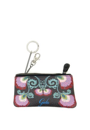 Piccola pochette nera in pelle con motivi floreali colorati, chiusura con cerniera e portachiavi in metallo con moschettone.