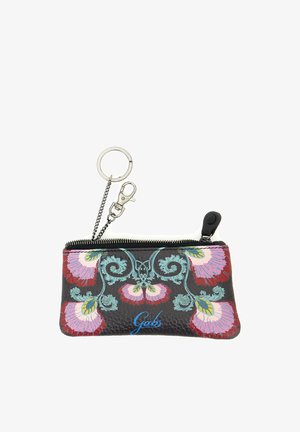 Piccola pochette nera in pelle con motivi floreali colorati, chiusura con cerniera e portachiavi in metallo con moschettone.