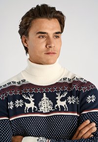 Mörkblå stickad tröja med hög krämfärgad polokrage. Har vita renar och snöflingemönster, kompletterade med röda och vita geometriska accenter.