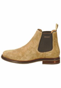 Beige Wildleder Chelsea-Stiefel mit elastischen Seiteneinsätzen und einer Zugschlaufe, mit runder Zehenform und Holzabsatz für Unterstützung und Stabilität.
