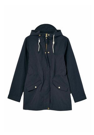Marineblauer wasserdichter Jacke mit Kapuze, Frontreißverschluss, zwei großen Brusttaschen und einer Kordelzugakzentuierung an der Kapuze. Hergestellt aus robustem Material.