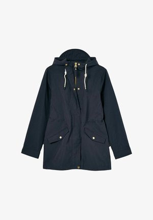 Laivastonsininen vedenpitävä takki, jossa on huppu, etuvetoketju, kaksi suurta rintataskua ja kiristysnyörit hupussa. Valmistettu kestävästä kankaasta.