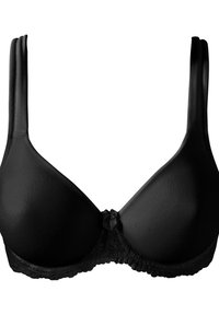 Soutien-gorge noir avec bonnets en mousse et sous-fil, tissu lisse, finition en dentelle au niveau de la bande, et fines bretelles réglables. Détail de nœud central au-dessus de la bande.