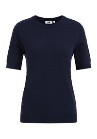 Pull court bleu marine à manches courtes avec des pois texturés, col rond et bords-côtes aux poignets et à l'ourlet. Fabriqué en matériau tricoté doux.