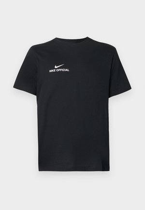 Czarny bawełniany t-shirt z okrągłym dekoltem. Z przodu znajduje się biały logo Nike oraz napis "NIKE OFFICIAL". Krótkie rękawy.