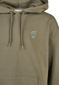 Olive green hoodie with a ribbed texture, featuring a front kangaroo pocket and a blue embroidered bird logo on the chest.