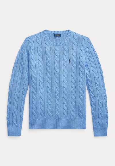 Pull en maille torsadée bleu clair avec col rond, poignets et ourlet côtelés. Présente un petit logo brodé sur la poitrine gauche.