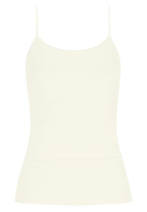 Camisole crème clair avec fines bretelles, design ajusté, texture lisse et ourlet évasé. Fabriqué en tissu léger et extensible.