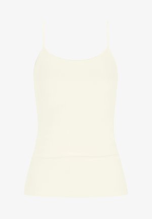 Jasna kremowa kamizelka na cienkich ramiączkach, dopasowany krój, gładka tekstura i rozkloszowany dół. Wykonana z lekkiego, elastycznego materiału.