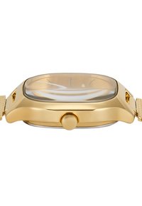 Gold-tone rectangular watch with a clear glass face, textured band, and a round crown on the side. Minimalistic hour markers.