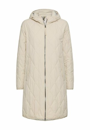 Gebreide beige lange jas met capuchon, ritssluiting aan de voorkant en zijzakken. Zachte textuur en ruitpatroon over het hele oppervlak.