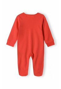 Rød bomulds baby bodystocking med lange ærmer, rund halsudskæring og foden design. Har en glat tekstur og en simpel konstruktion uden yderligere mønstre.
