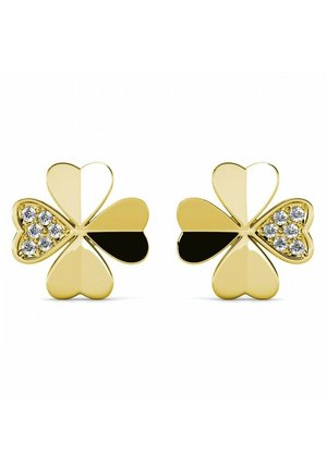 Orecchini color oro a forma di trifoglio, con accenti neri lucidi e cinque gemme trasparenti disposte in un design triangolare.
