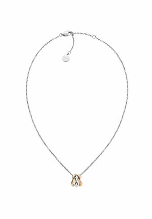 Srebrny naszyjnik łańcuszkowy z trójkątem splecionych metalowych ogniw w kolorze złotym, srebrnym i różowym złocie. Posiada zapięcie typu homar oraz metkę.